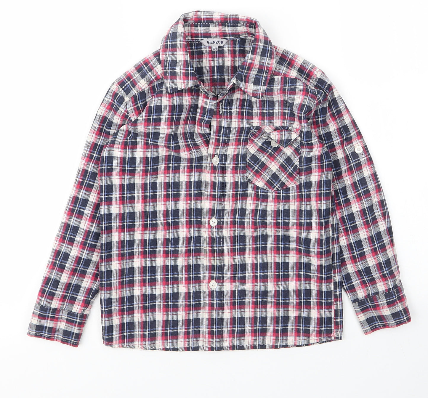 Bienzoe Boys Red Plaid Cotton Basic Button-Up Size 5 Years Collared Button