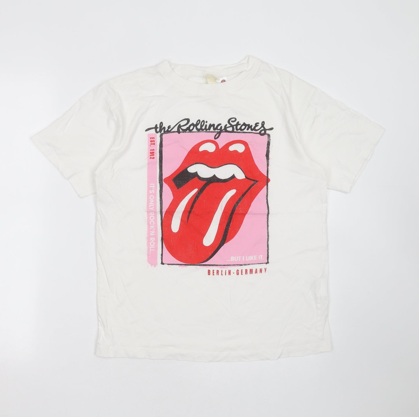 H&M Womens White  Cotton Basic T-Shirt Size S Round Neck - The rolling stones