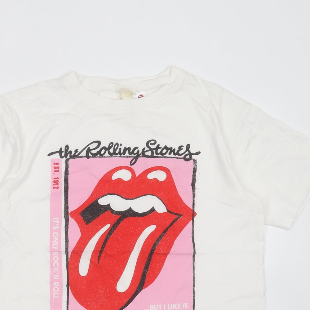 H&M Womens White  Cotton Basic T-Shirt Size S Round Neck - The rolling stones