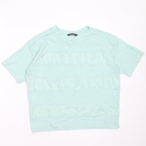 Marks and Spencer Womens Green Striped Polyester Blend Basic T-Shirt Size 10 Round Neck - lace detail