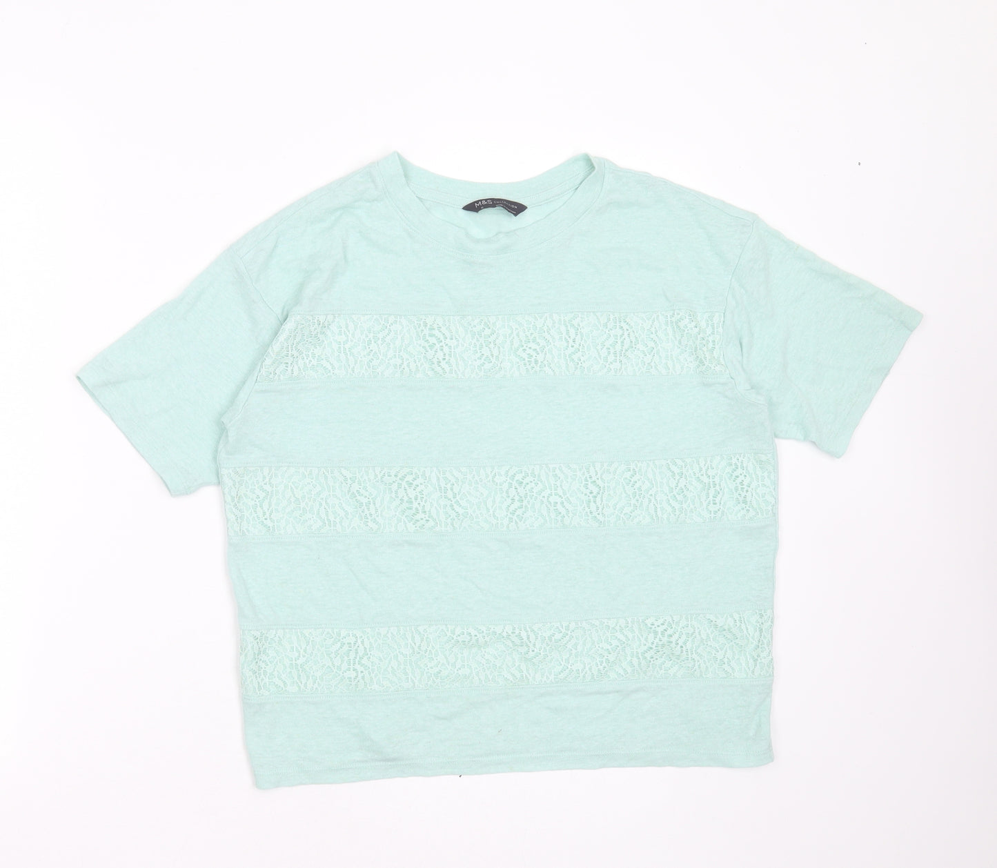 Marks and Spencer Womens Green Striped Polyester Blend Basic T-Shirt Size 10 Round Neck - lace detail