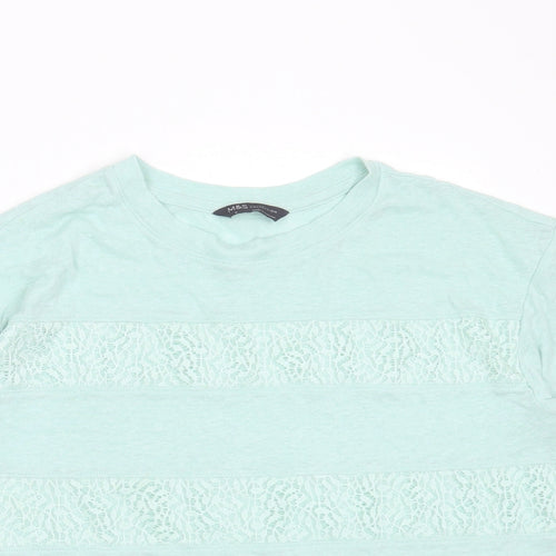 Marks and Spencer Womens Green Striped Polyester Blend Basic T-Shirt Size 10 Round Neck - lace detail