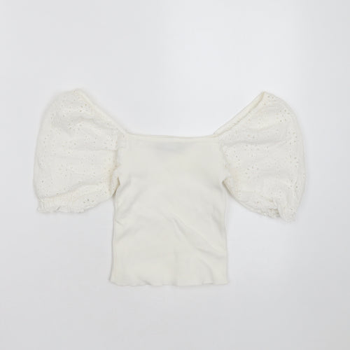Bershka Womens White  Polyester Blend Basic T-Shirt Size XS Square Neck - broderie sleeves