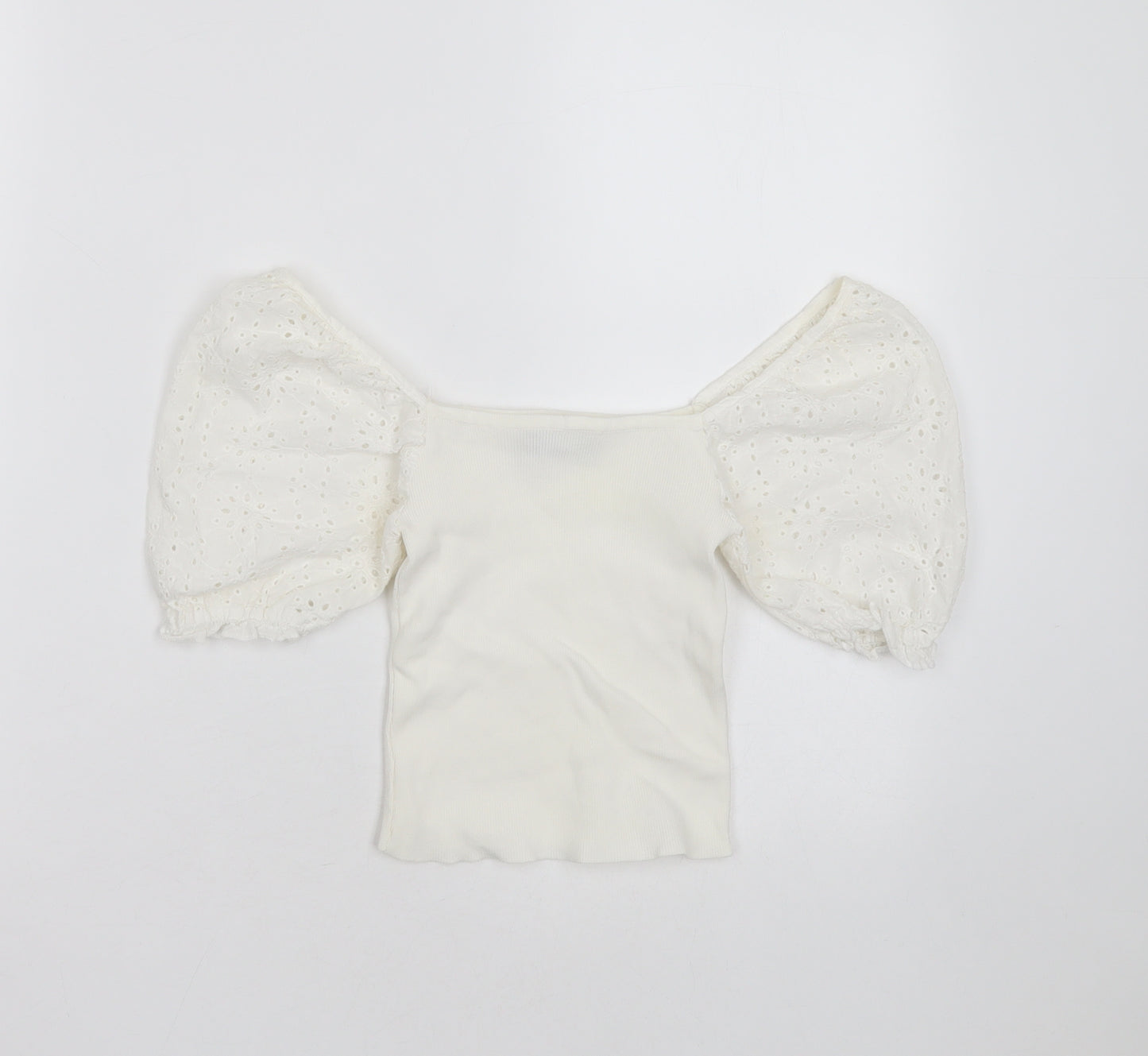 Bershka Womens White  Polyester Blend Basic T-Shirt Size XS Square Neck - broderie sleeves