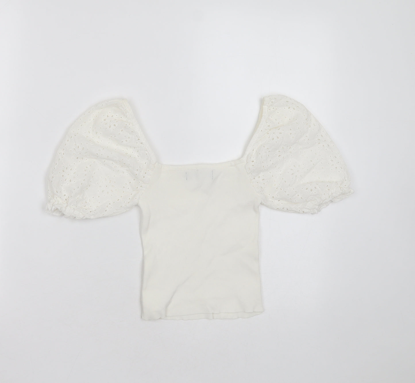 Bershka Womens White  Polyester Blend Basic T-Shirt Size XS Square Neck - broderie sleeves