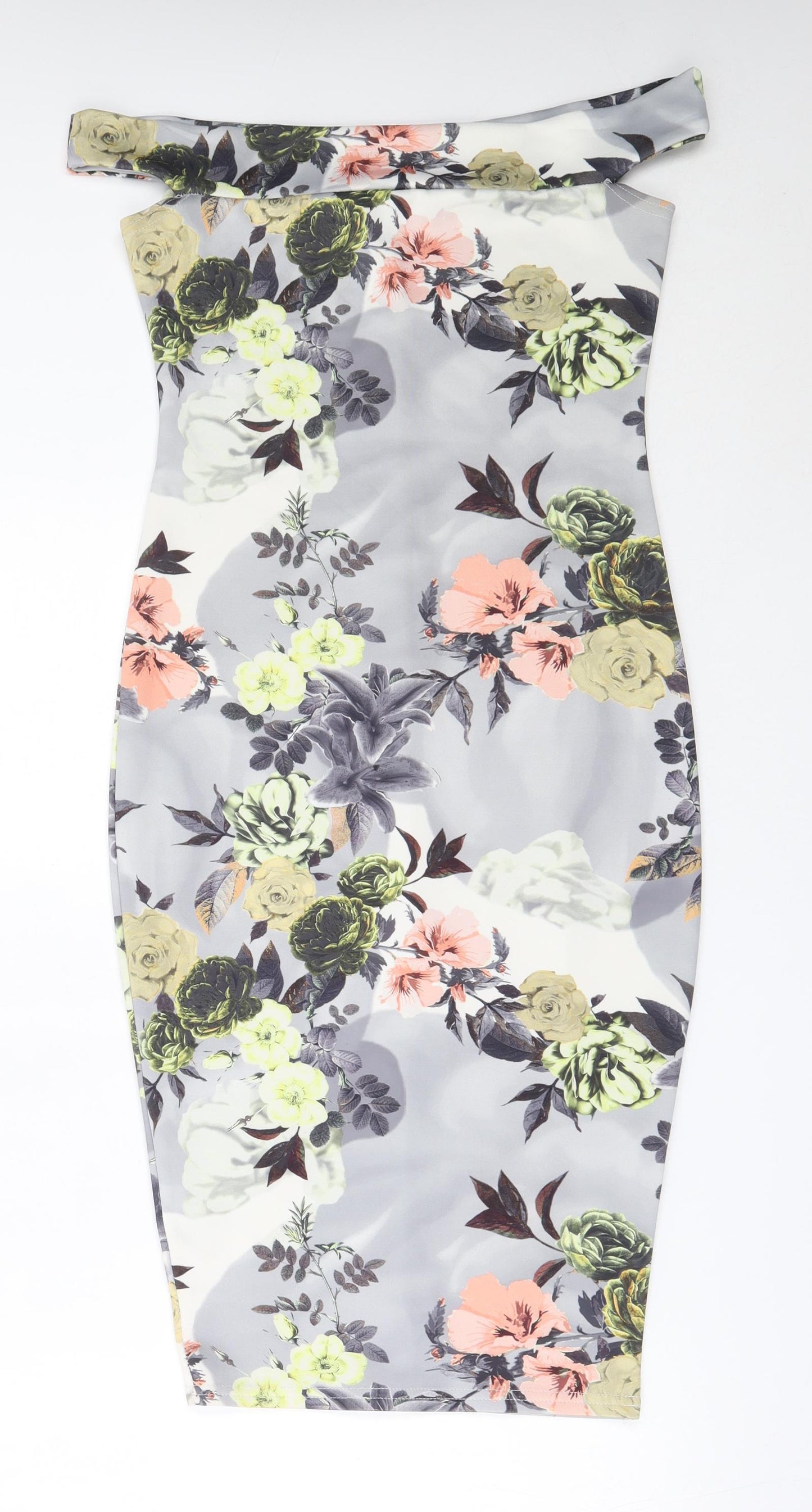 Boohoo Womens Grey Floral Polyester Bodycon  Size 10  Off the Shoulder