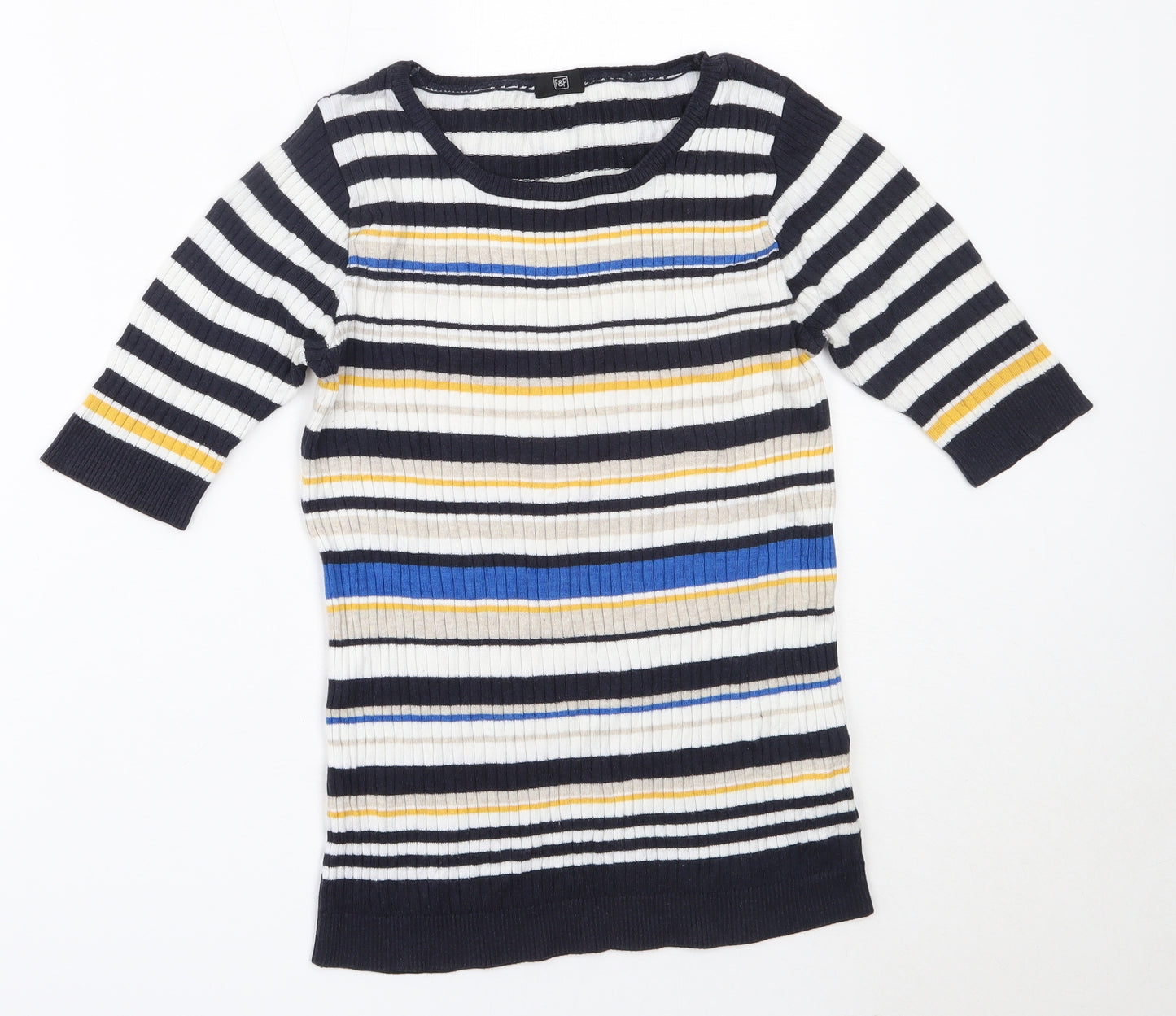 F&F Womens Blue Round Neck Striped Cotton Pullover Jumper Size 6