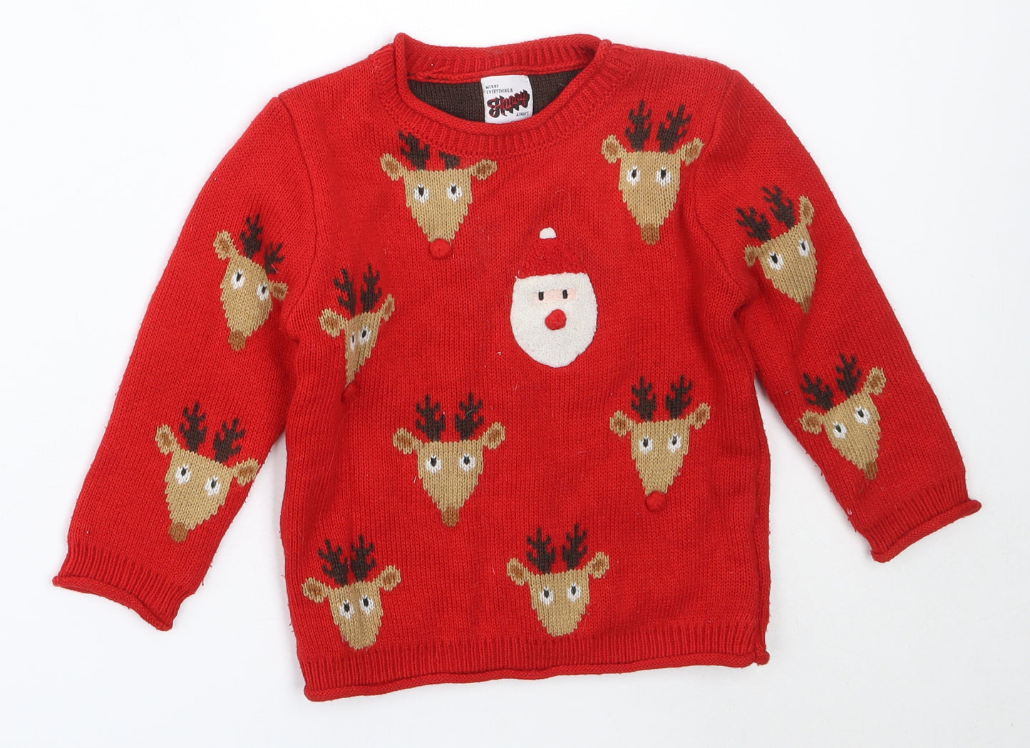 George Boys Red Round Neck  Acrylic Pullover Jumper Size 2-3 Years   - christmas