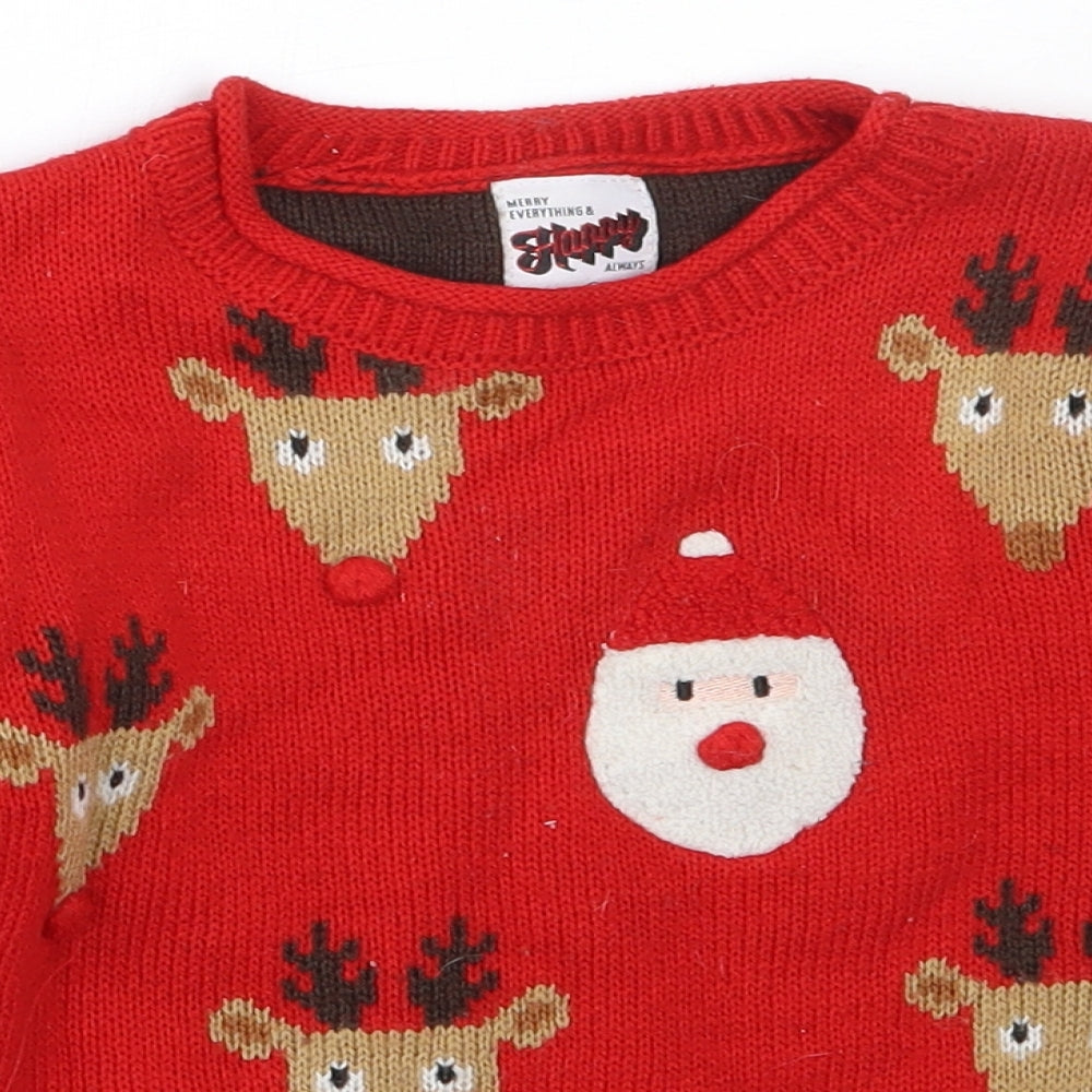 George Boys Red Round Neck  Acrylic Pullover Jumper Size 2-3 Years   - christmas