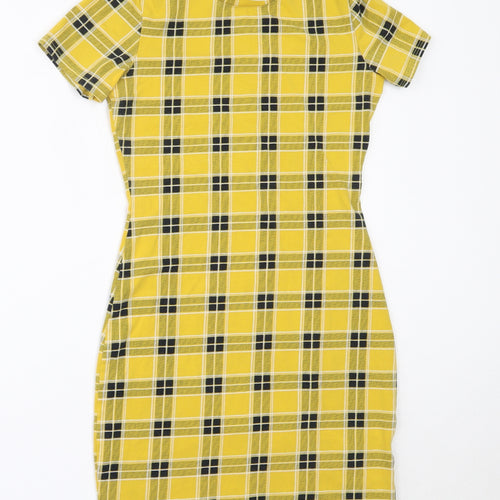 H&M Womens Yellow Check Cotton Bodycon  Size XS  Round Neck