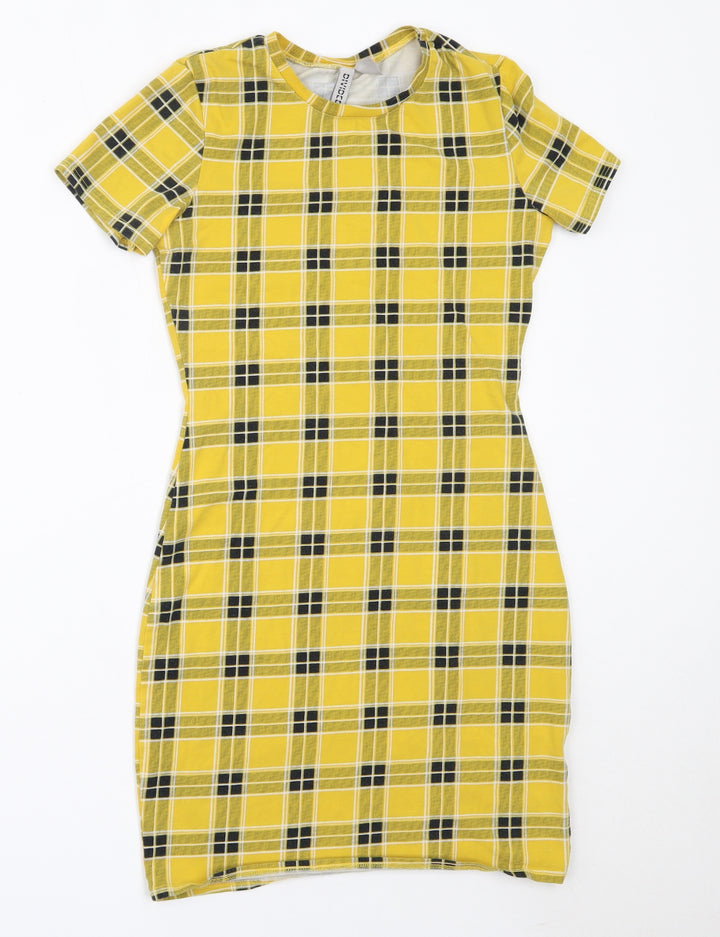 H&M Womens Yellow Check Cotton Bodycon Size XS Round Neck