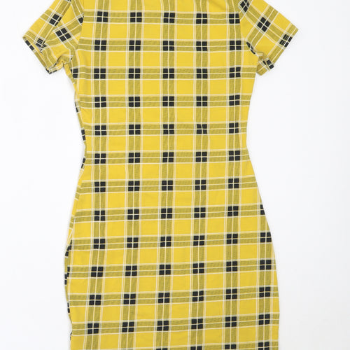 H&M Womens Yellow Check Cotton Bodycon  Size XS  Round Neck
