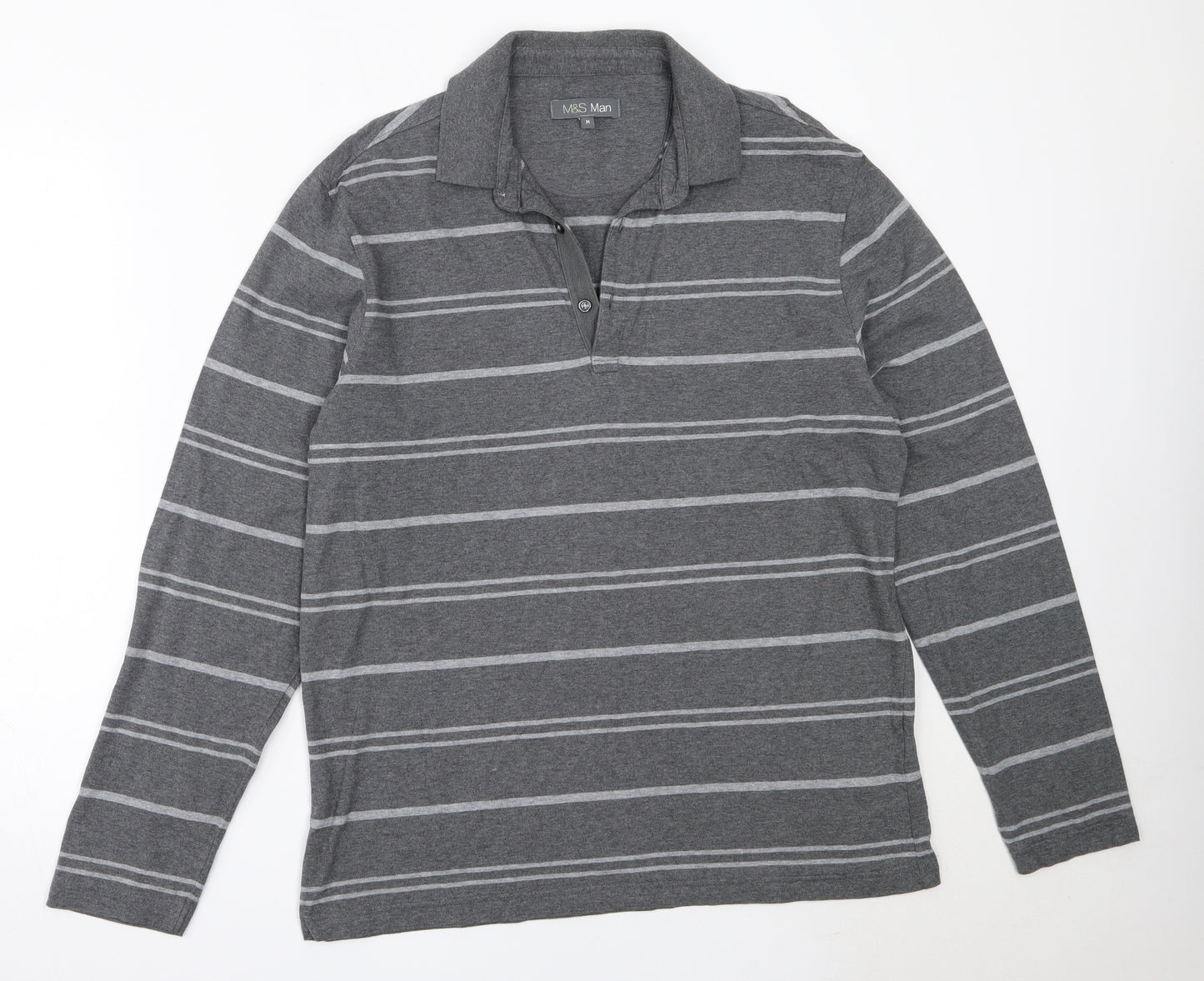 Marks and Spencer Mens Grey Striped Cotton  Polo Size M Collared