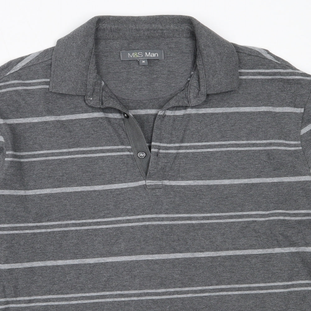 Marks and Spencer Mens Grey Striped Cotton  Polo Size M Collared