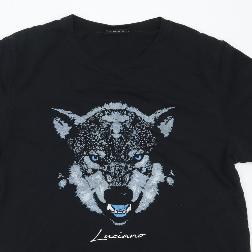 Luciano Mens Black  Cotton  T-Shirt Size L Round Neck