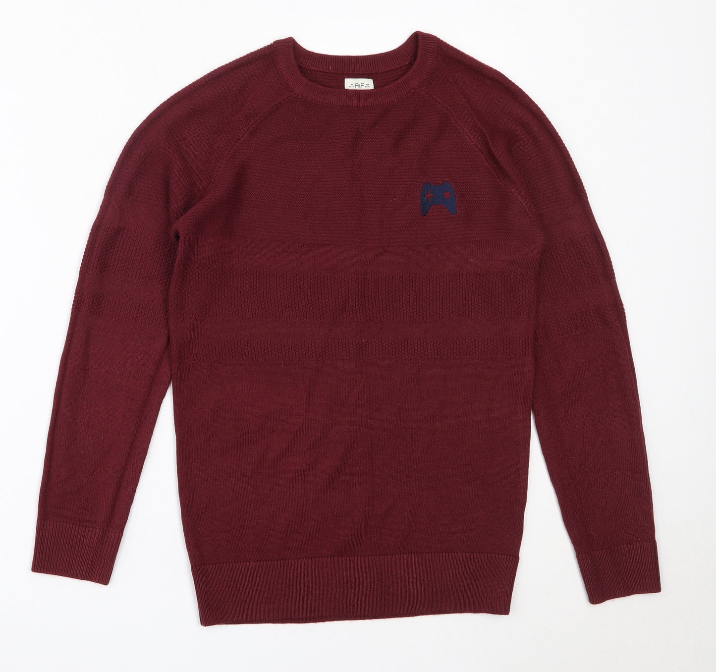 F&F Boys Red Round Neck  Acrylic Pullover Jumper Size 10-11 Years