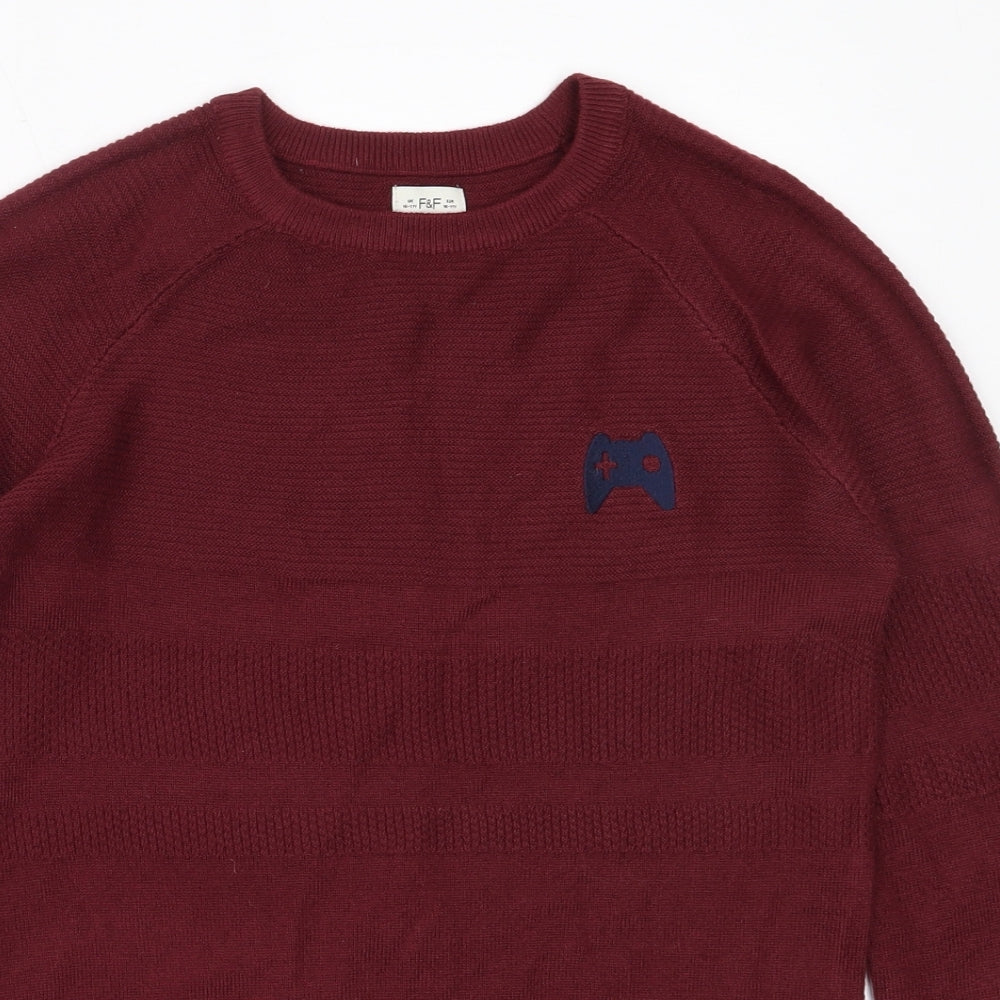 F&F Boys Red Round Neck  Acrylic Pullover Jumper Size 10-11 Years