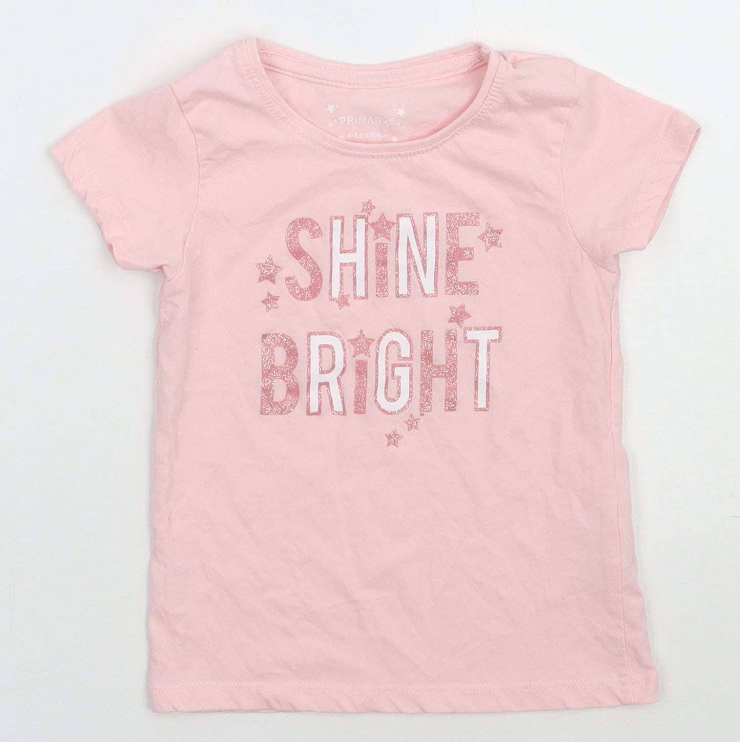 Primark Girls Pink  Cotton Basic T-Shirt Size 4-5 Years Crew Neck Pullover - Shine Bright