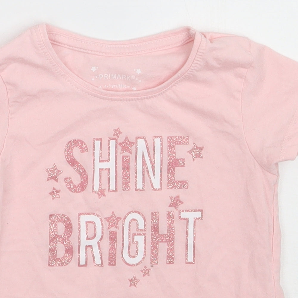Primark Girls Pink  Cotton Basic T-Shirt Size 4-5 Years Crew Neck Pullover - Shine Bright