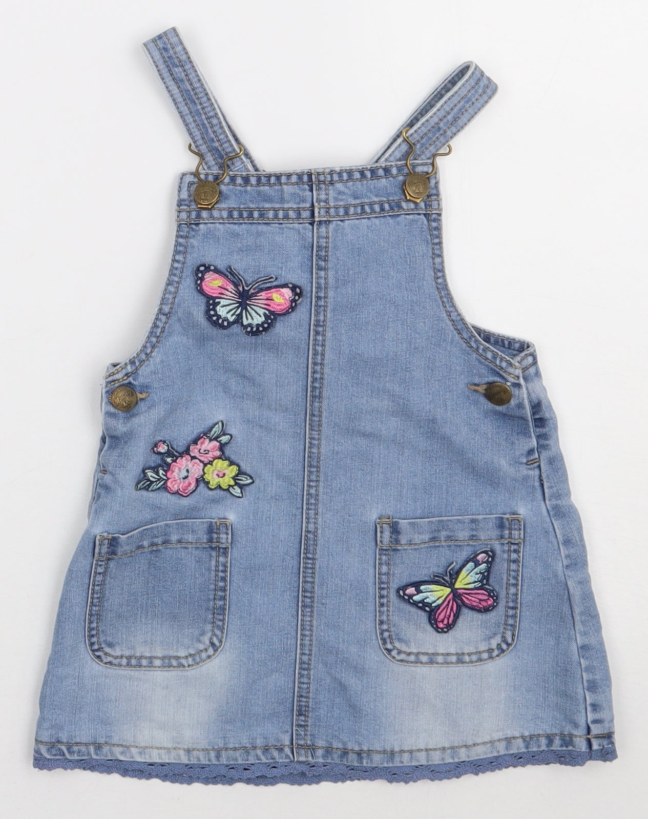 Debenhams Girls Blue  Camel Pinafore/Dungaree Dress  Size 2-3 Years  Square Neck Pullover - Butterfly and flower print