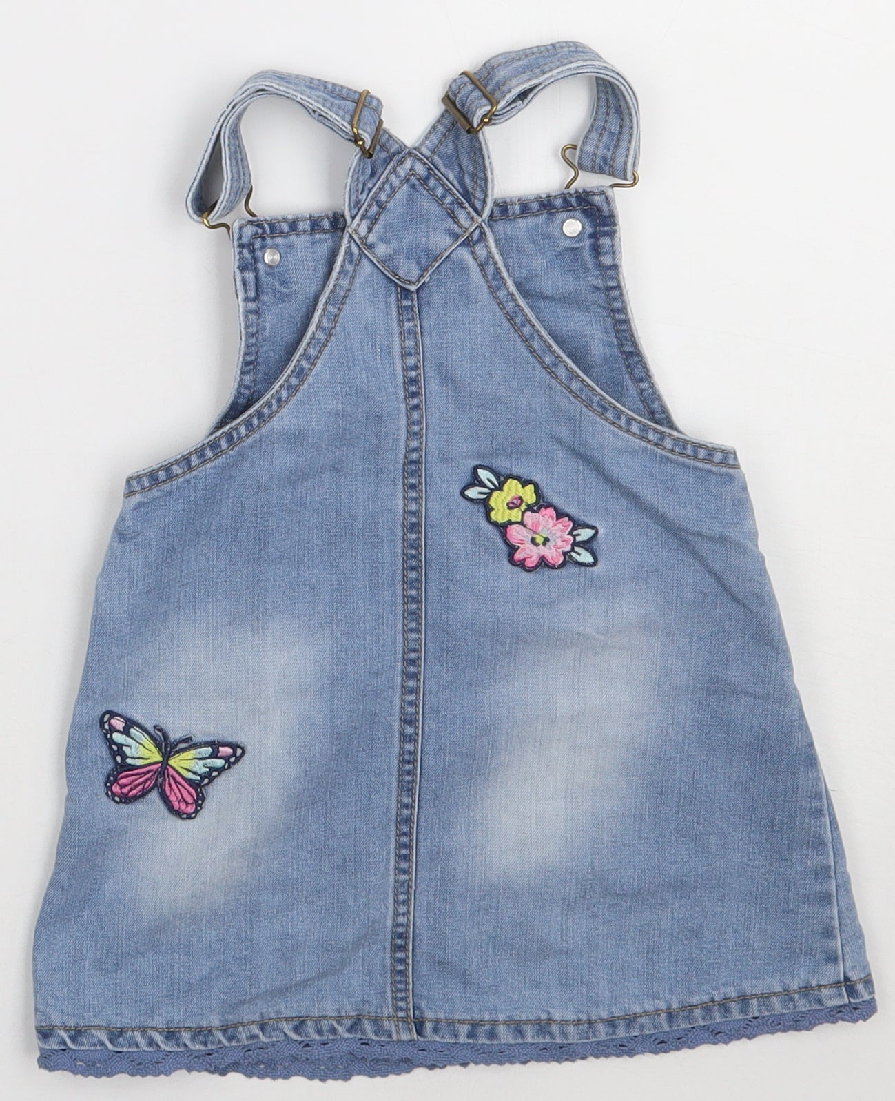 Debenhams Girls Blue  Camel Pinafore/Dungaree Dress  Size 2-3 Years  Square Neck Pullover - Butterfly and flower print