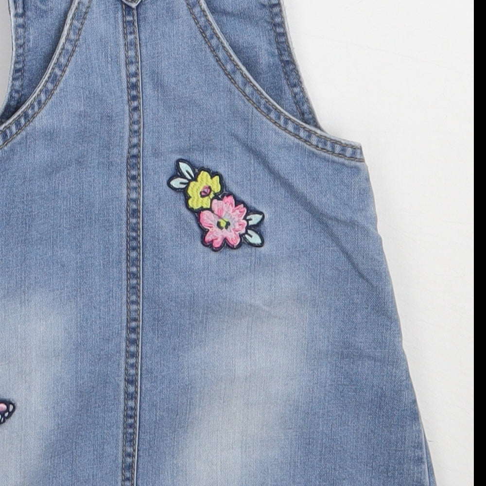 Debenhams Girls Blue  Camel Pinafore/Dungaree Dress  Size 2-3 Years  Square Neck Pullover - Butterfly and flower print