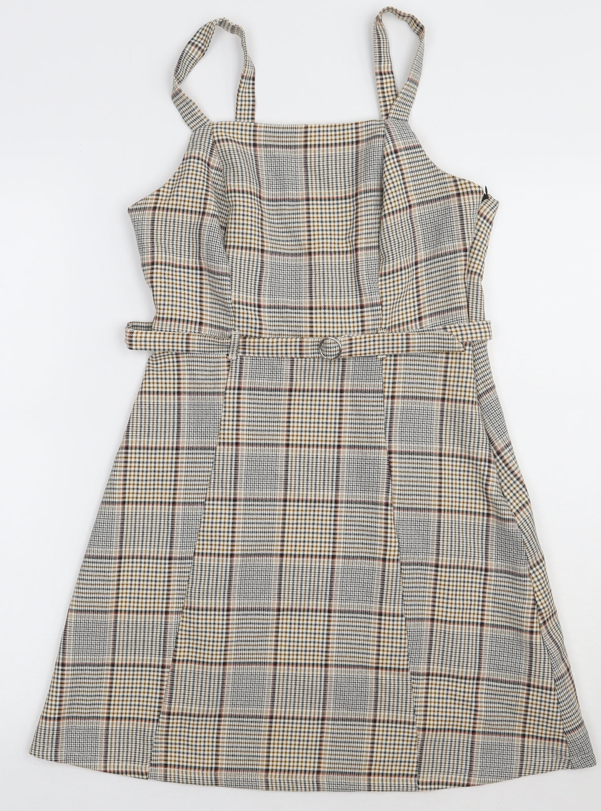 Primark Womens Beige Check Polyester Pinafore/Dungaree Dress  Size 8  Square Neck Zip
