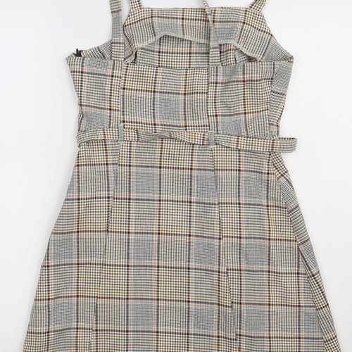 Primark Womens Beige Check Polyester Pinafore/Dungaree Dress  Size 8  Square Neck Zip