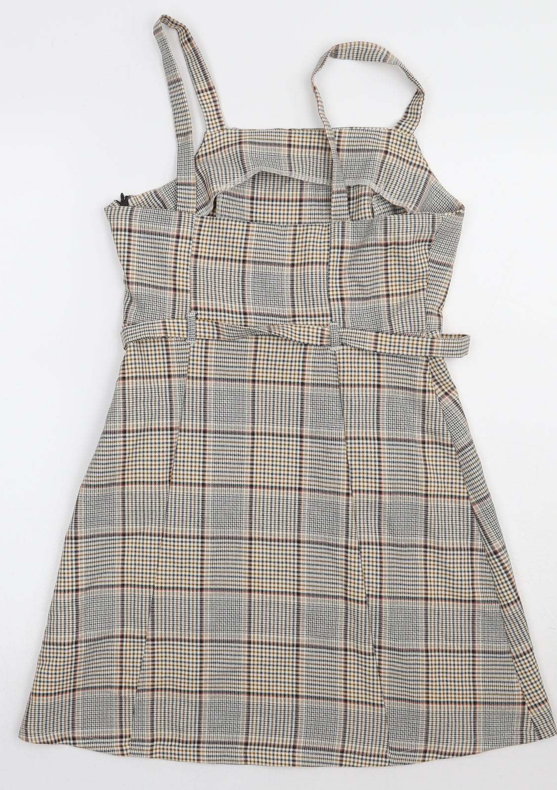 Primark Womens Beige Check Polyester Pinafore/Dungaree Dress  Size 8  Square Neck Zip