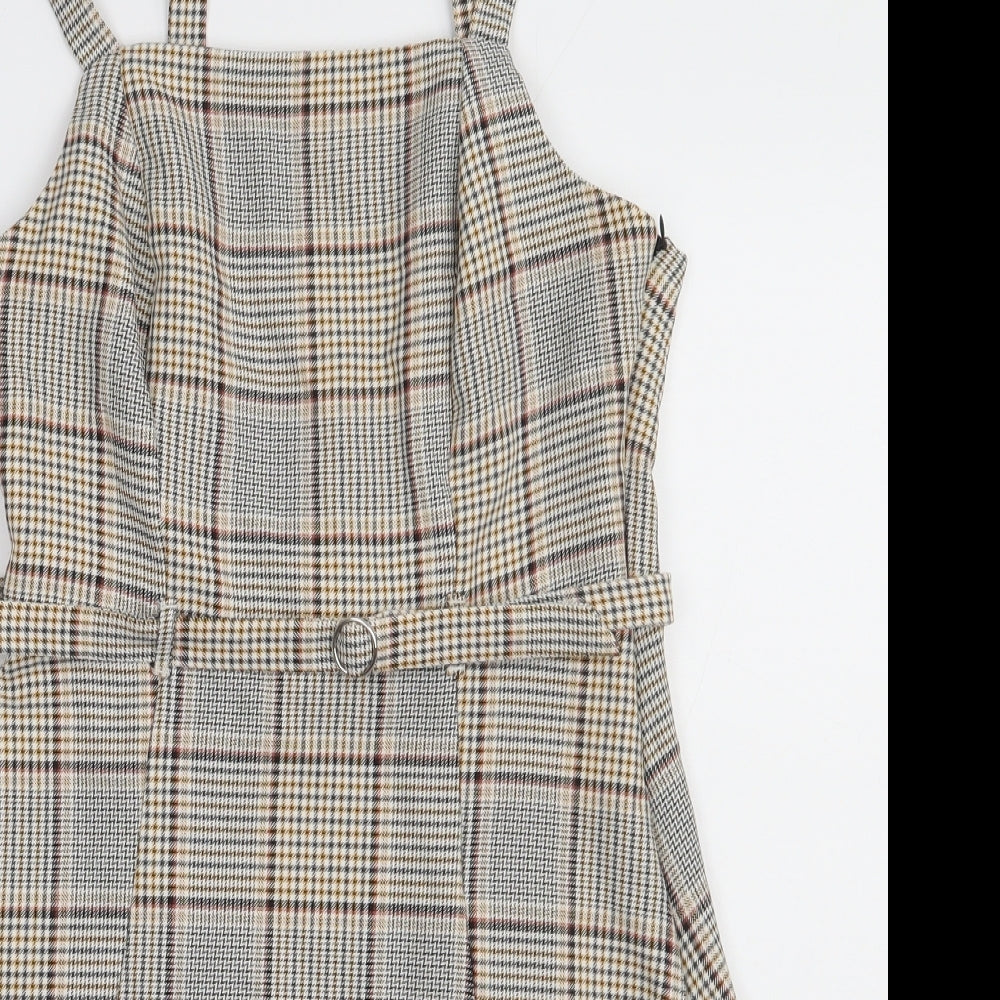 Primark Womens Beige Check Polyester Pinafore/Dungaree Dress  Size 8  Square Neck Zip