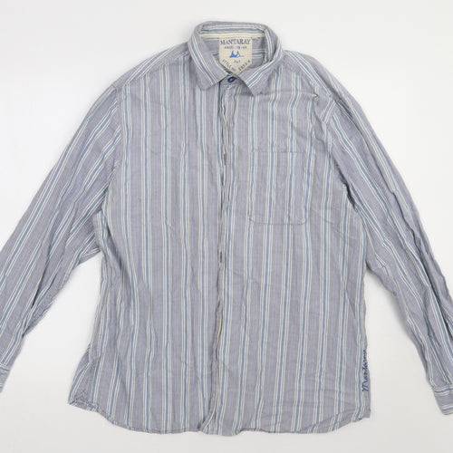 Debenhams Mens Blue Striped Cotton  Button-Up Size L Collared Button