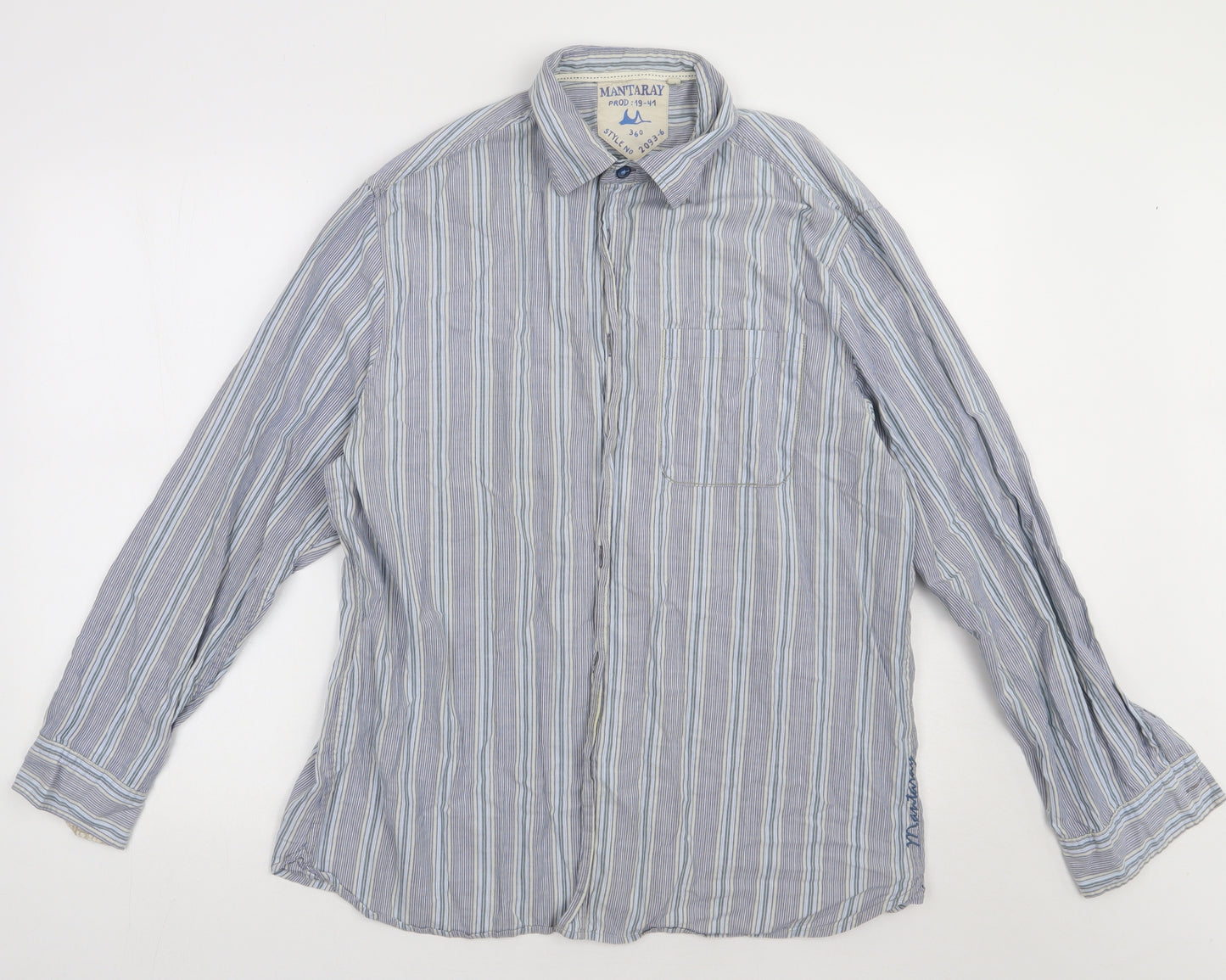 Debenhams Mens Blue Striped Cotton  Button-Up Size L Collared Button