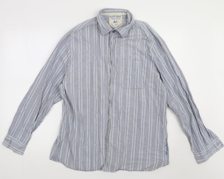 Debenhams Mens Blue Striped Cotton  Button-Up Size L Collared Button