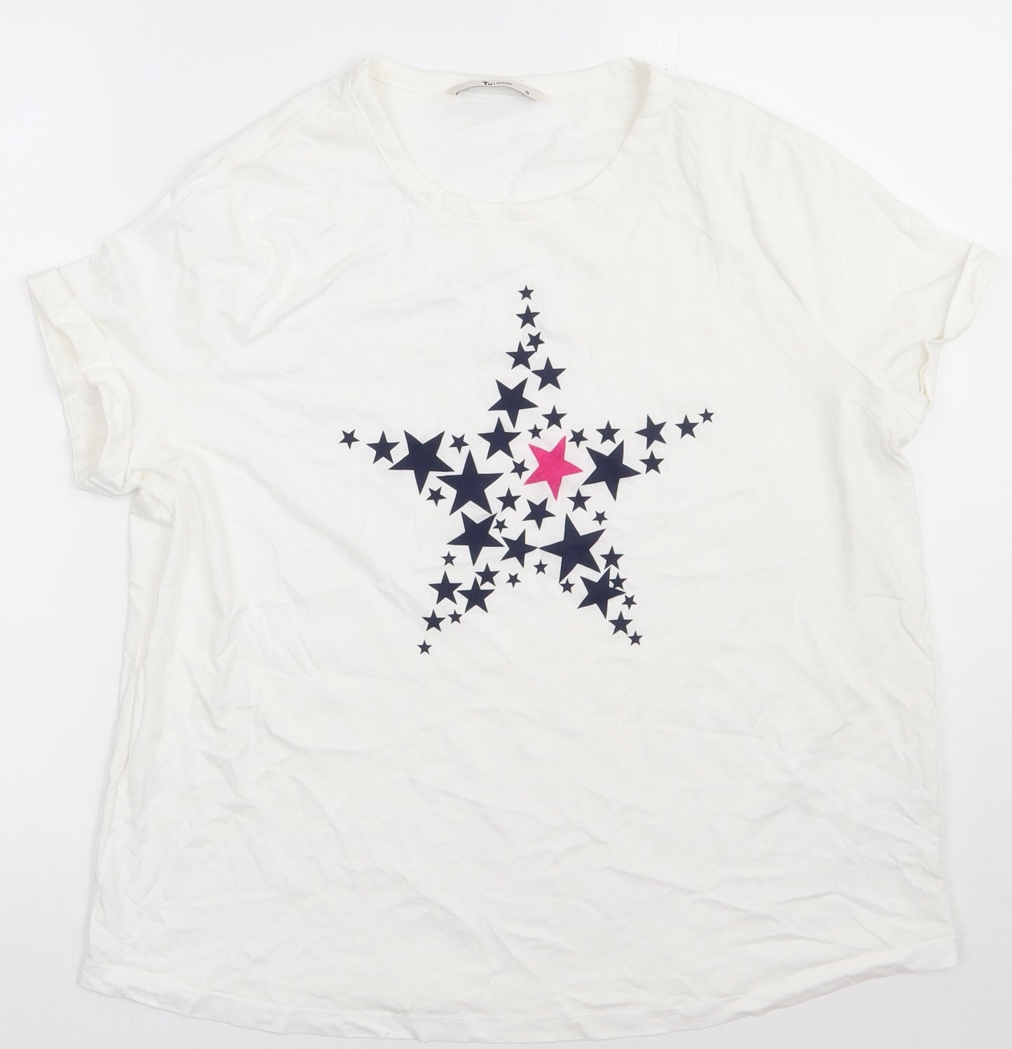 sainsburys Womens White  Cotton Basic T-Shirt Size 18 Crew Neck - star print