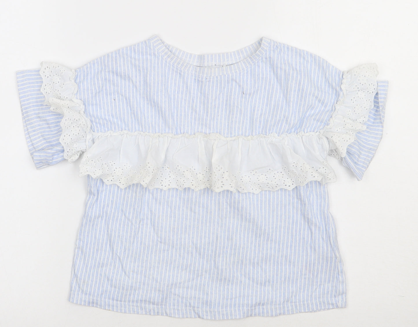NEXT Girls Blue Striped Cotton Basic T-Shirt Size 8 Years Crew Neck Pullover