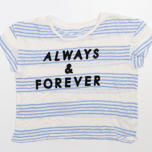 Marks and Spencer Womens Blue Striped Linen Cropped T-Shirt Size 8 Crew Neck - always & forever