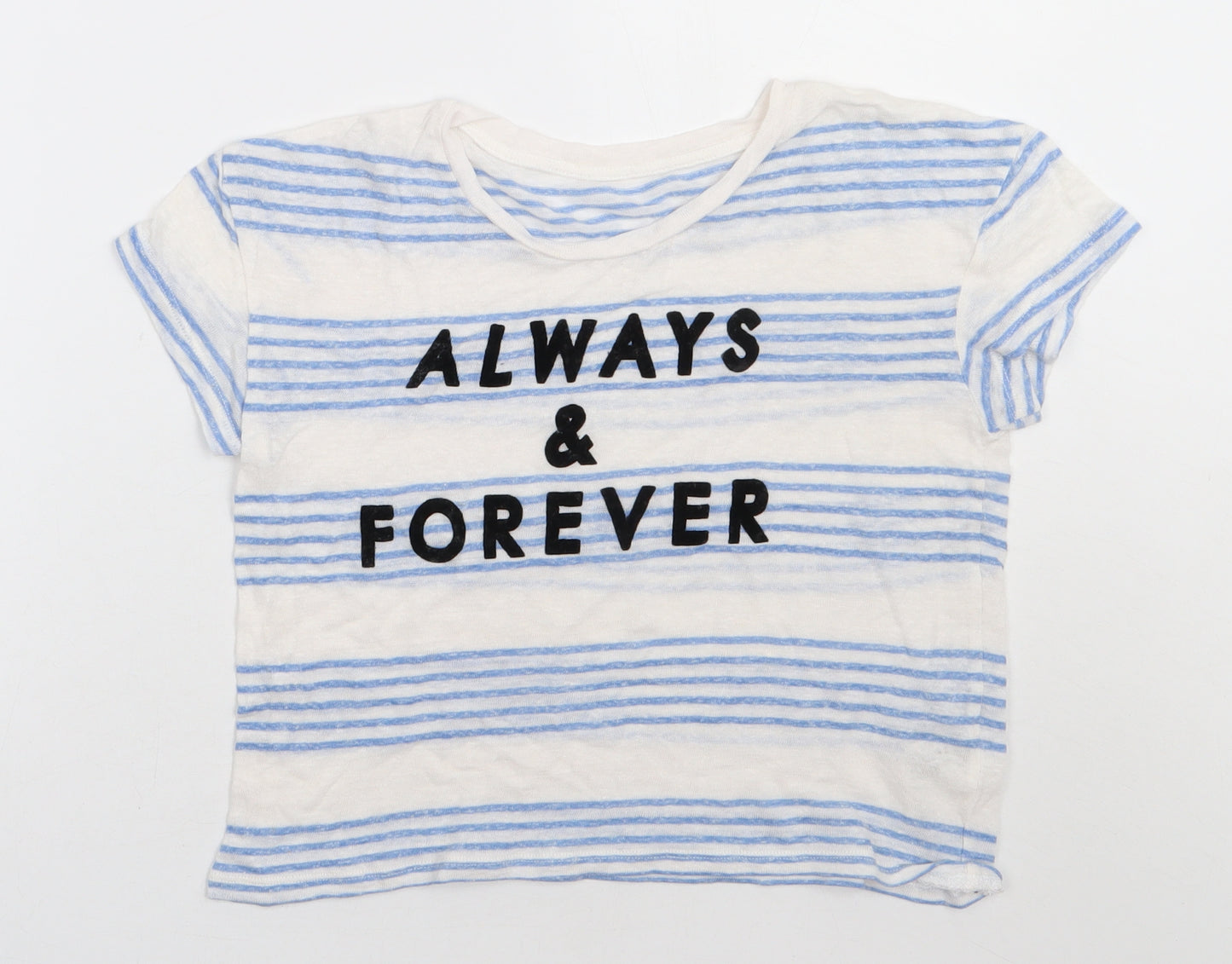 Marks and Spencer Womens Blue Striped Linen Cropped T-Shirt Size 8 Crew Neck - always & forever