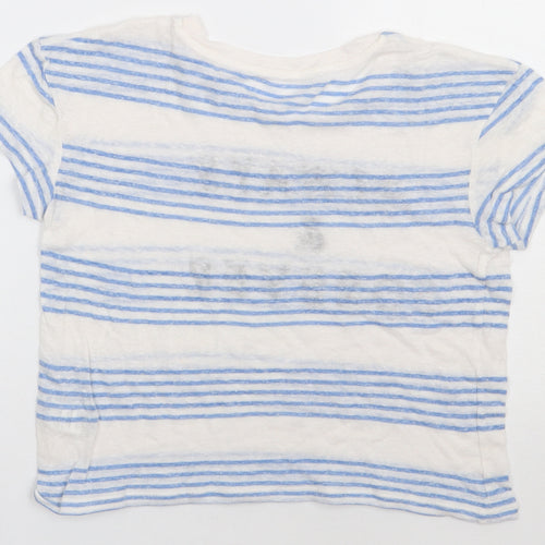 Marks and Spencer Womens Blue Striped Linen Cropped T-Shirt Size 8 Crew Neck - always & forever