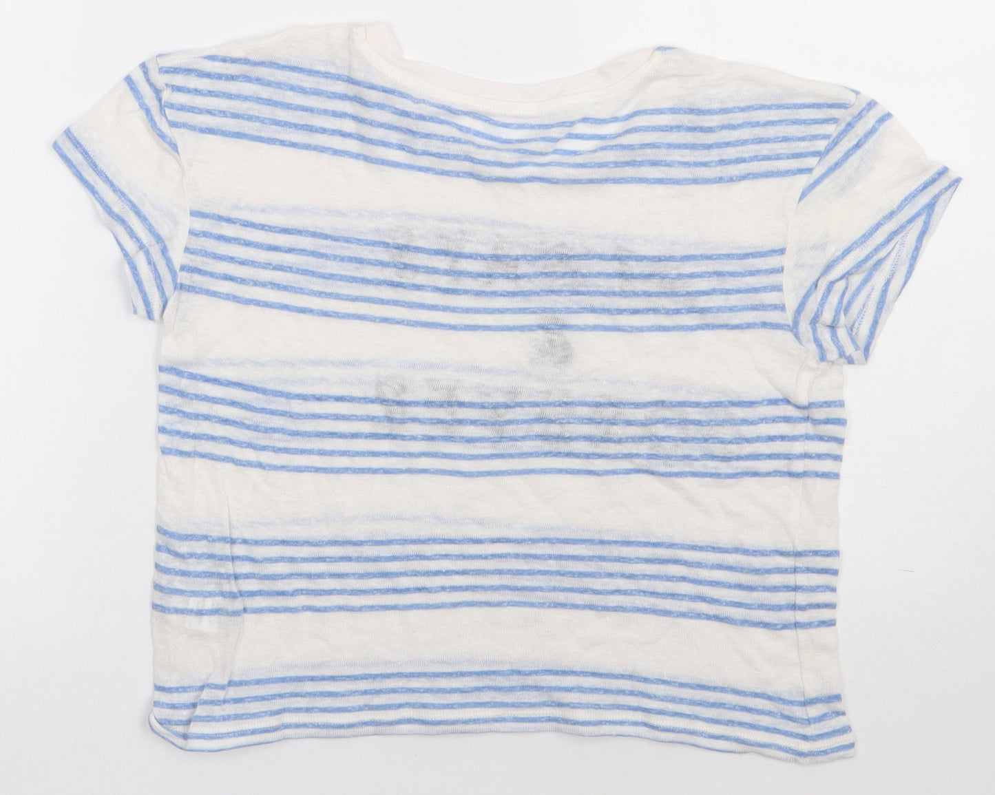 Marks and Spencer Womens Blue Striped Linen Cropped T-Shirt Size 8 Crew Neck - always & forever