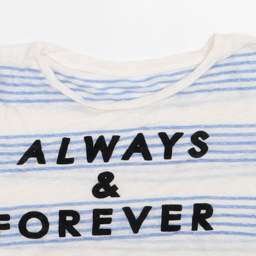 Marks and Spencer Womens Blue Striped Linen Cropped T-Shirt Size 8 Crew Neck - always & forever