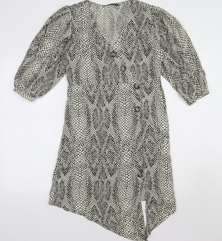 Stradivarius Womens Beige Animal Print Polyester A-Line  Size S  V-Neck Button