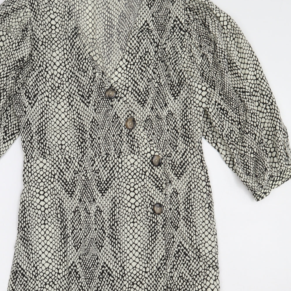Stradivarius Womens Beige Animal Print Polyester A-Line  Size S  V-Neck Button