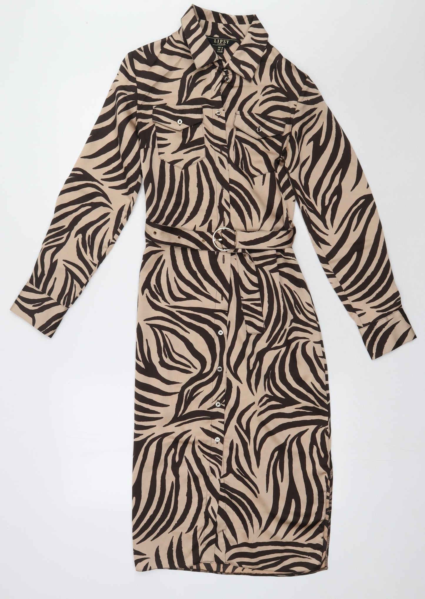 Lipsy Womens Brown Animal Print Polyester A-Line  Size 6  Collared Button