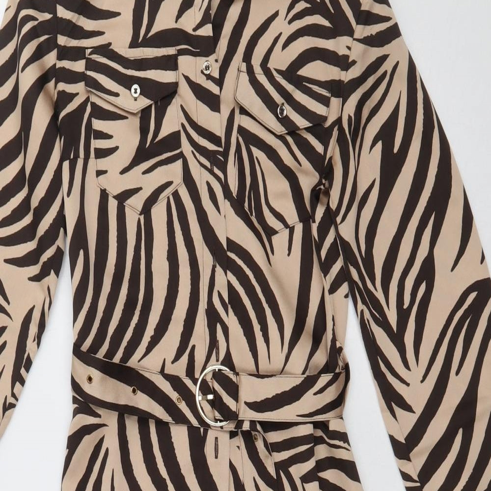 Lipsy Womens Brown Animal Print Polyester A-Line  Size 6  Collared Button