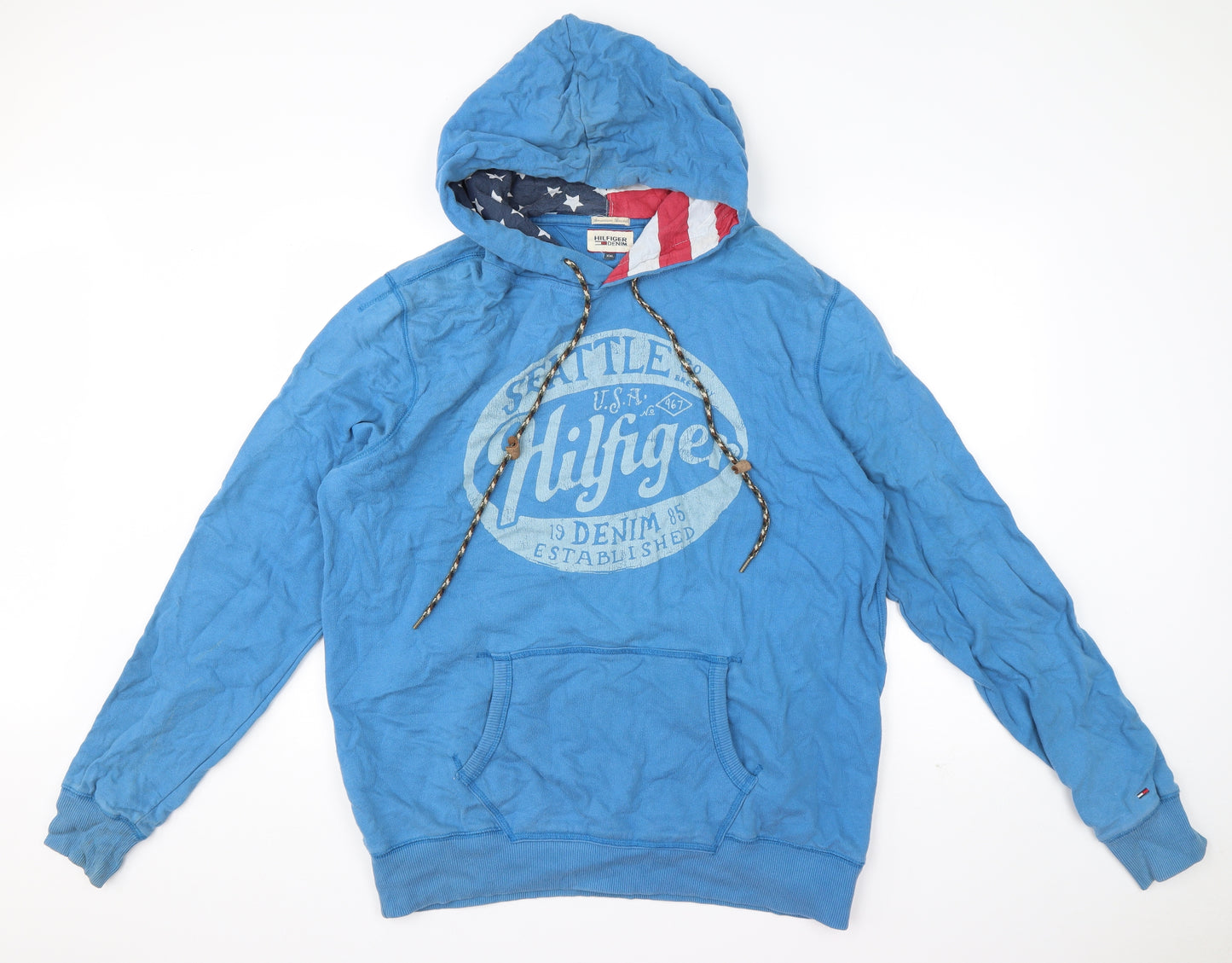 Hilfiger Denim Mens Blue  Cotton Pullover Hoodie Size 2XL