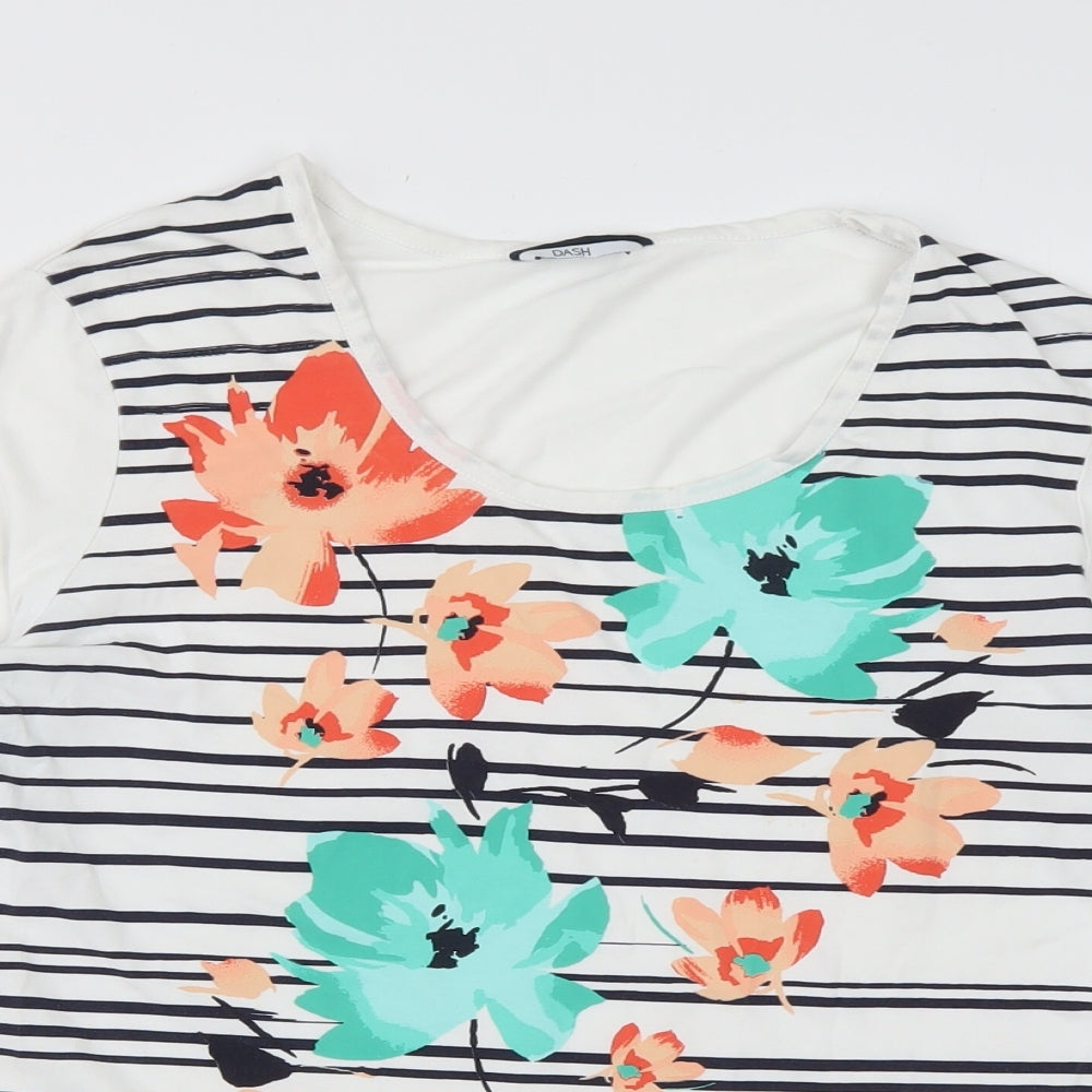 DASH Womens White Floral Cotton Basic T-Shirt Size 12 Scoop Neck