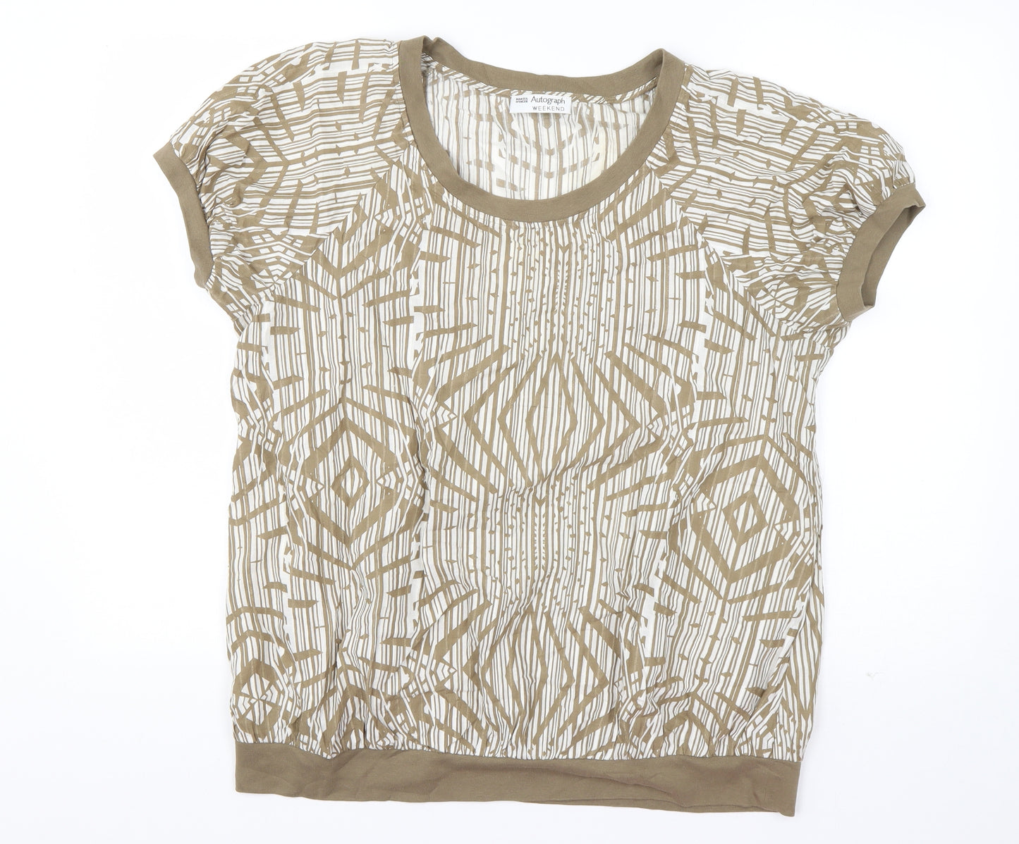 Marks and Spencer Womens Brown Geometric Cotton Basic T-Shirt Size 16 Scoop Neck