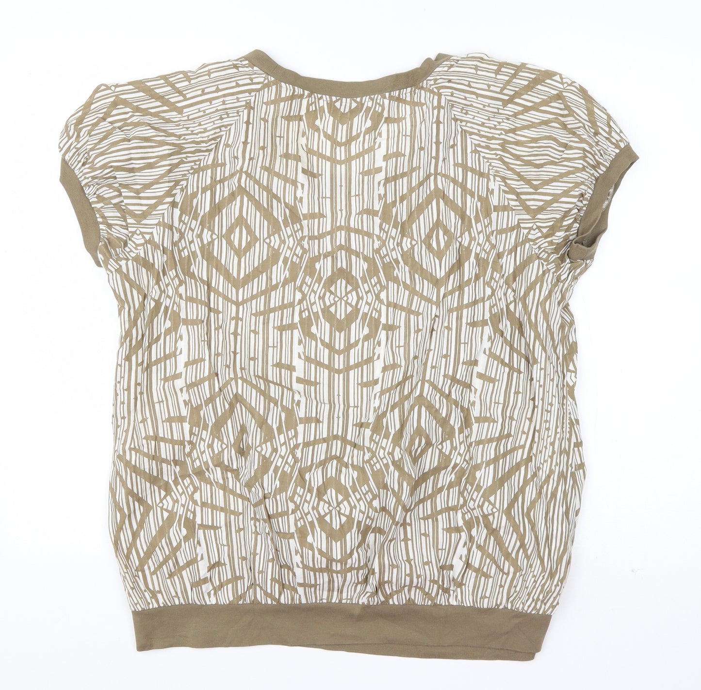 Marks and Spencer Womens Brown Geometric Cotton Basic T-Shirt Size 16 Scoop Neck