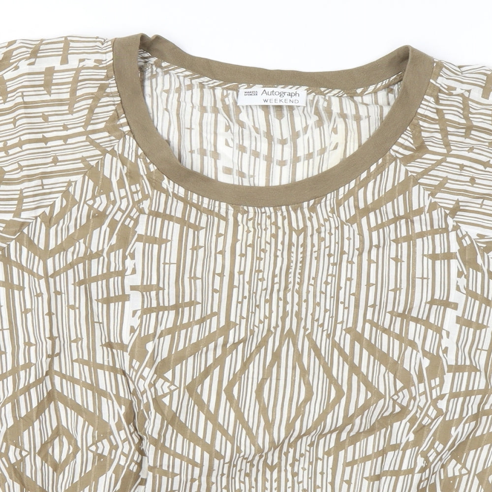 Marks and Spencer Womens Brown Geometric Cotton Basic T-Shirt Size 16 Scoop Neck