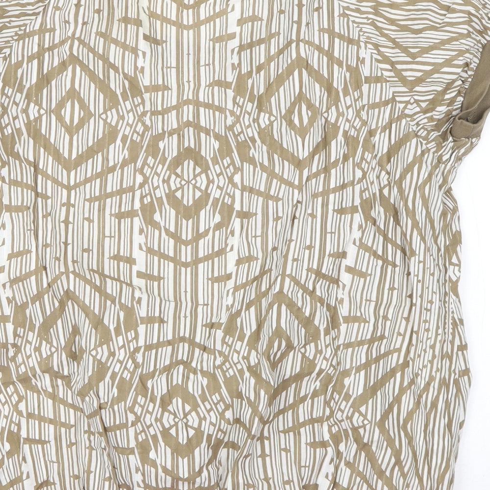Marks and Spencer Womens Brown Geometric Cotton Basic T-Shirt Size 16 Scoop Neck